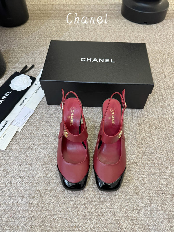 CC 26S Square-Toe Mary Jane Slingback Pumps Black Burgundy Lambskin 835671