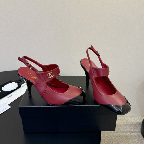 CC 26S Square-Toe Mary Jane Slingback Pumps Black Burgundy Lambskin 835671