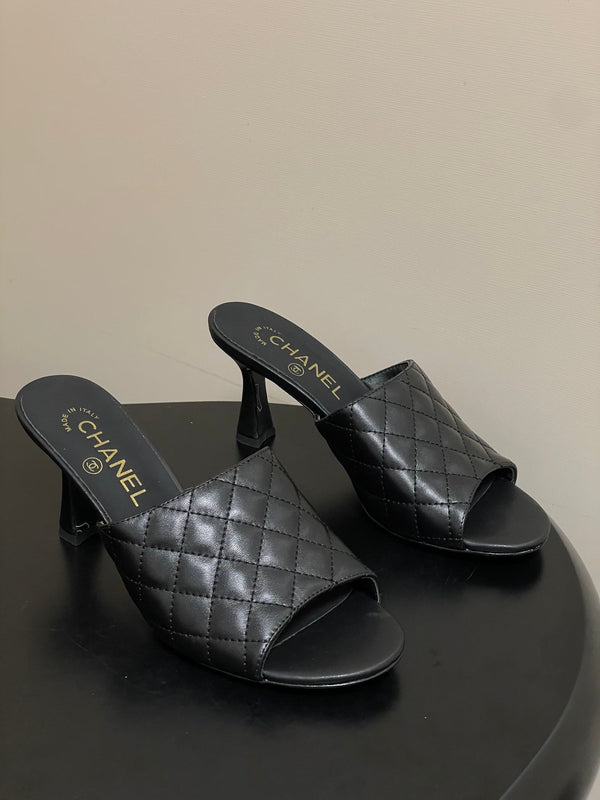 CC Quilted Heeled Sandal 8cm Black Lambskin 834720