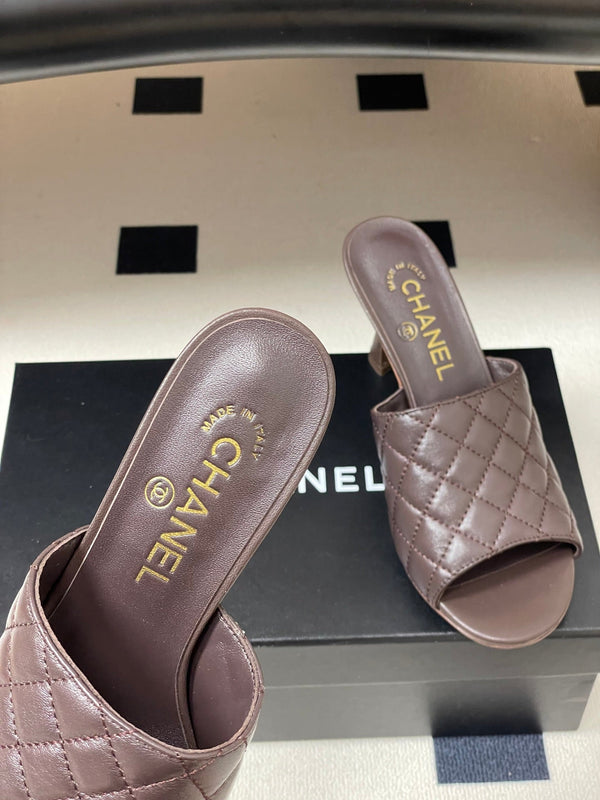 CC Quilted Heeled Sandal 8cm Dark Brown Lambskin 834717