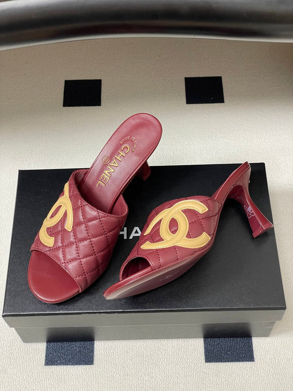 CC 26A Logo Quilted Heeled Sandals 8cm Burgundy Begie Lambskin 834708