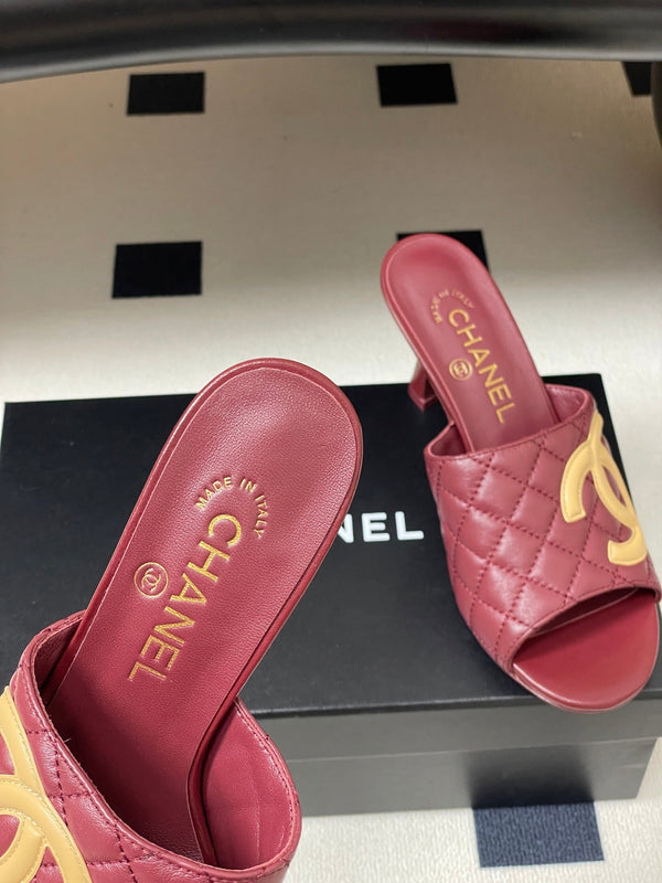 CC 26A Logo Quilted Heeled Sandals 8cm Burgundy Begie Lambskin 834708