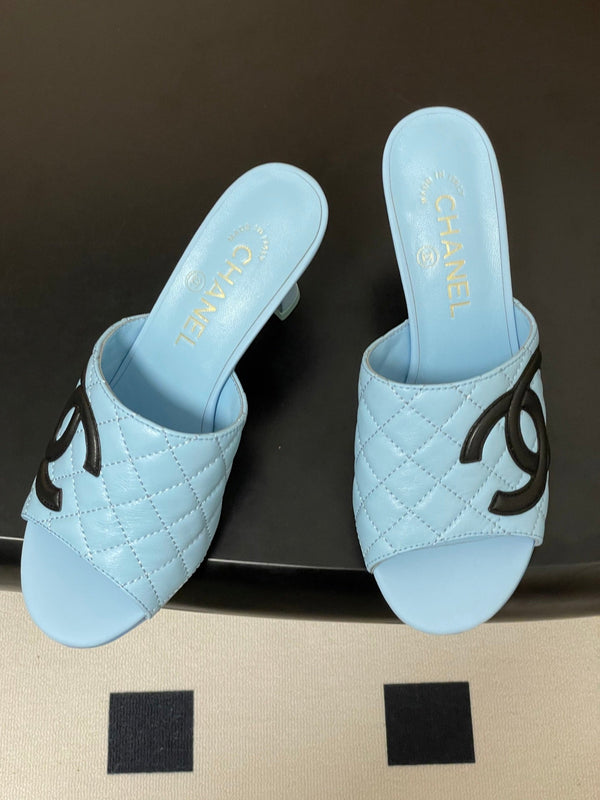 CC 26A Logo Quilted Heeled Sandals 8cm Blue Black Lambskin 834707