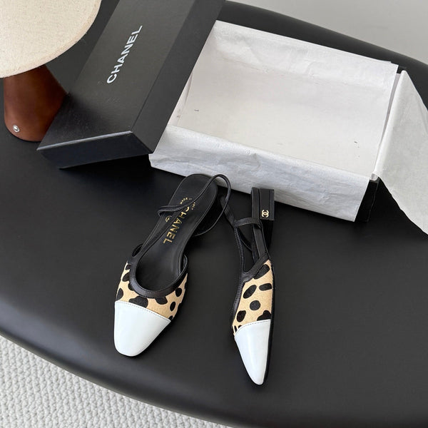 CC Slingback Flats Begie Black Spotted Calfskin 840029
