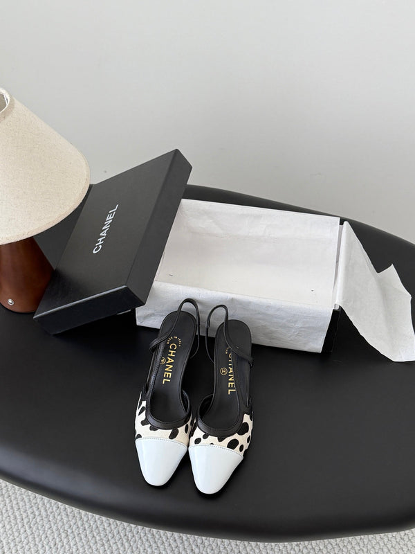 CC Slingback Pums Cream Black Spotted Calfskin 840022