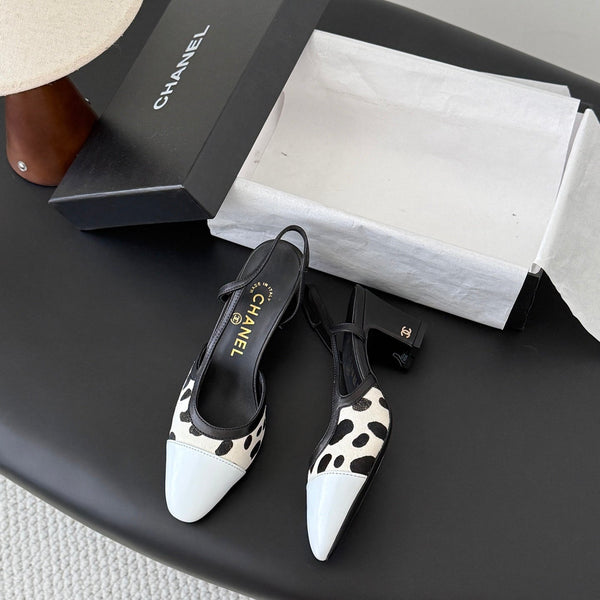 CC Slingback Pums Cream Black Spotted Calfskin 840022