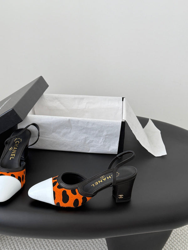 CC Slingback Pums Orange Black Spotted Calfskin 840020