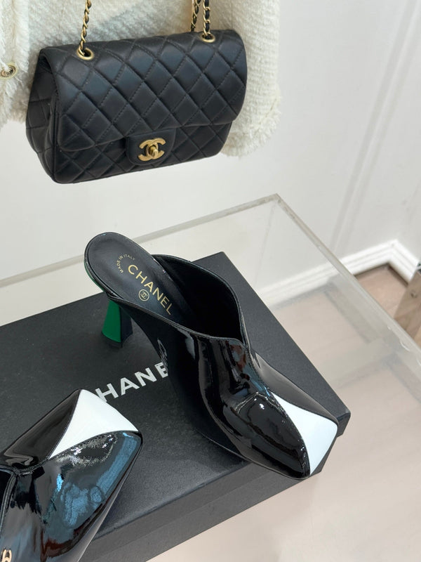 CC 26P Double C Color-Block Square-Toe Mule Slippers Patent Calfskin 841995