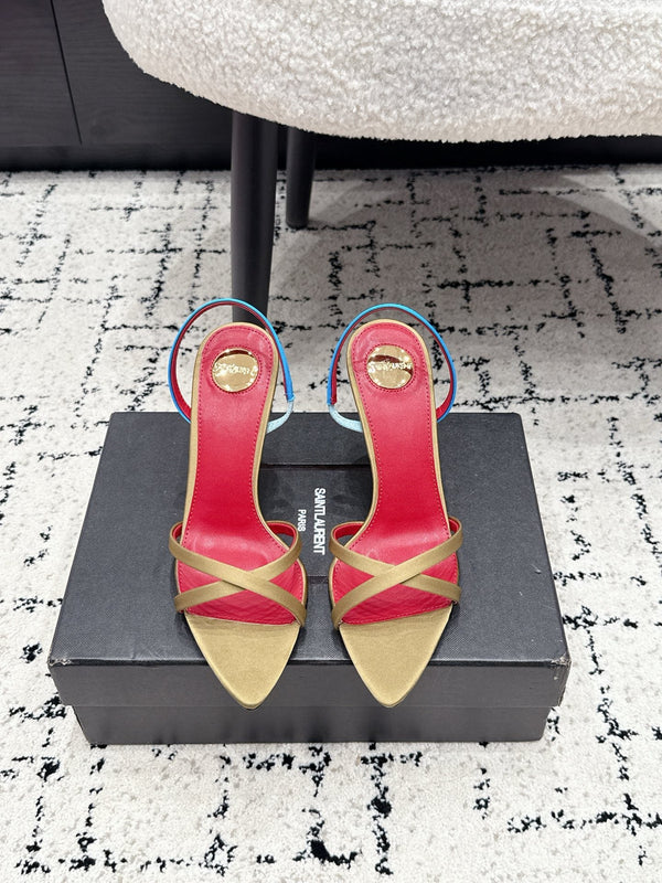 YSL Kirat Cross-Strap Stiletto Sandals 9.5cm Red Begie Cowhide Leather 847156