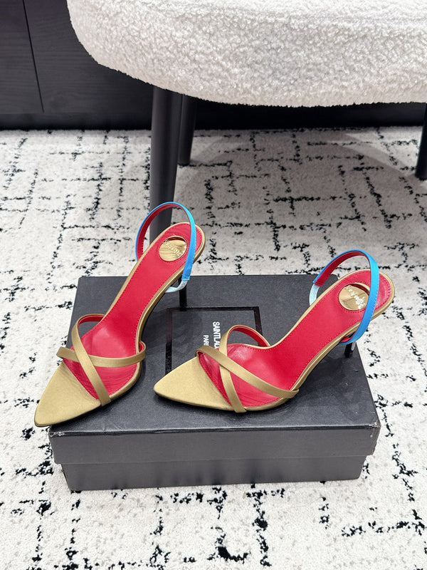 YSL Kirat Cross-Strap Stiletto Sandals 9.5cm Red Begie Cowhide Leather 847156