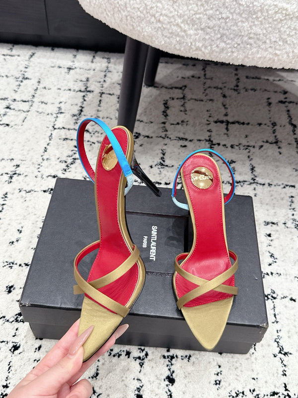 YSL Kirat Cross-Strap Stiletto Sandals 9.5cm Red Begie Cowhide Leather 847156
