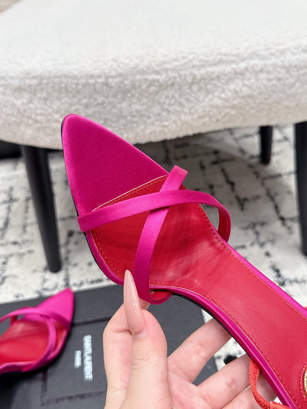 YSL Kirat Cross-Strap Stiletto Sandals 9.5cm Red Pink Cowhide Leather 847155