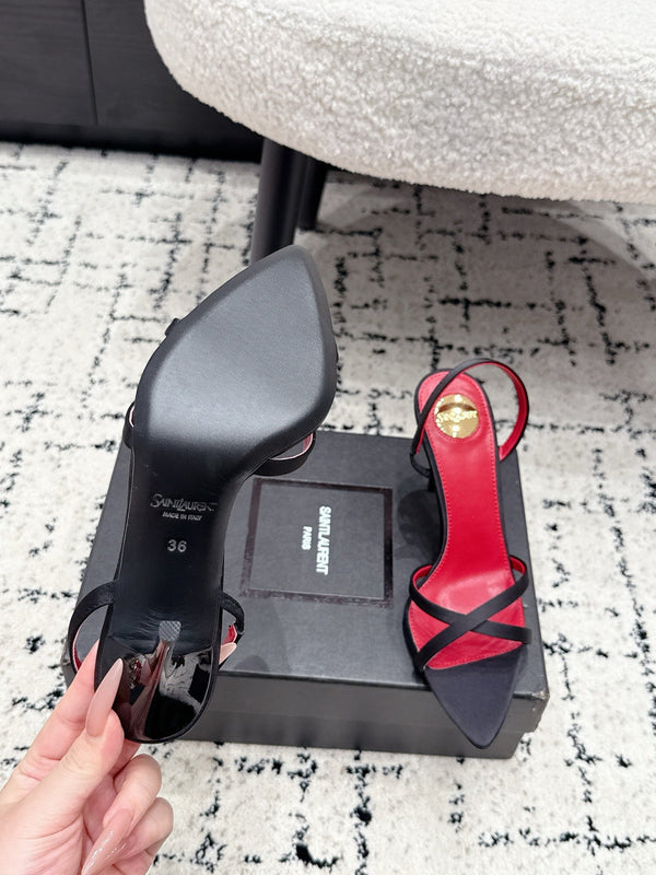 YSL Kirat Cross-Strap Stiletto Sandals 9.5cm Red Black Cowhide Leather 847154