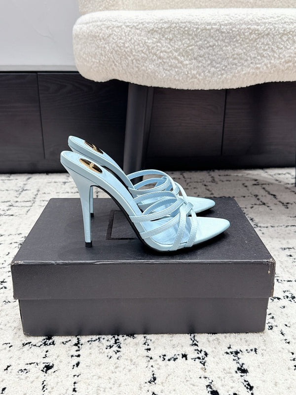 YSL Kirat Cross-Strap Stiletto Mules 10.5cm Blue Cowhide Leather 847151