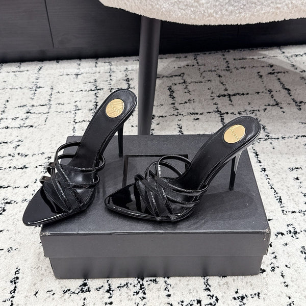 YSL Kirat Cross-Strap Stiletto Mules 10.5cm Black Patent Cowhide Leather 847149