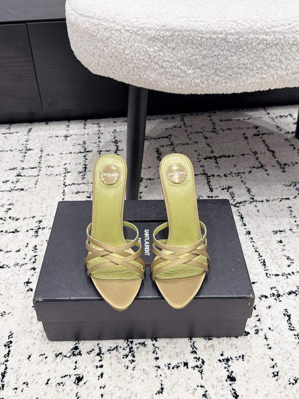 YSL Kirat Cross-Strap Stiletto Mules 10.5cm Light Olive Cowhide Leather 847147