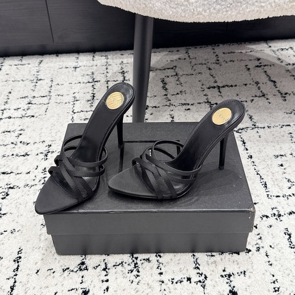 YSL Kirat Cross-Strap Stiletto Mules 10.5cm Black Cowhide Leather 847146