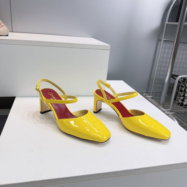 CC Block Heel Slingback Pumps 6.5cm Yellow Patent Calfskin Leather 842771