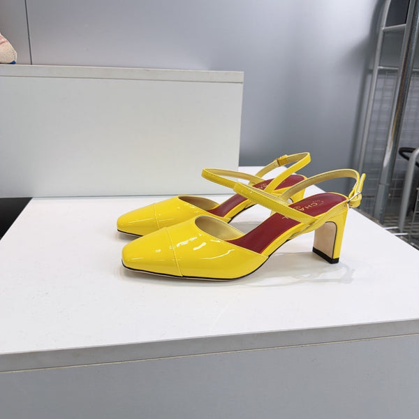CC Block Heel Slingback Pumps 6.5cm Yellow Patent Calfskin Leather 842771