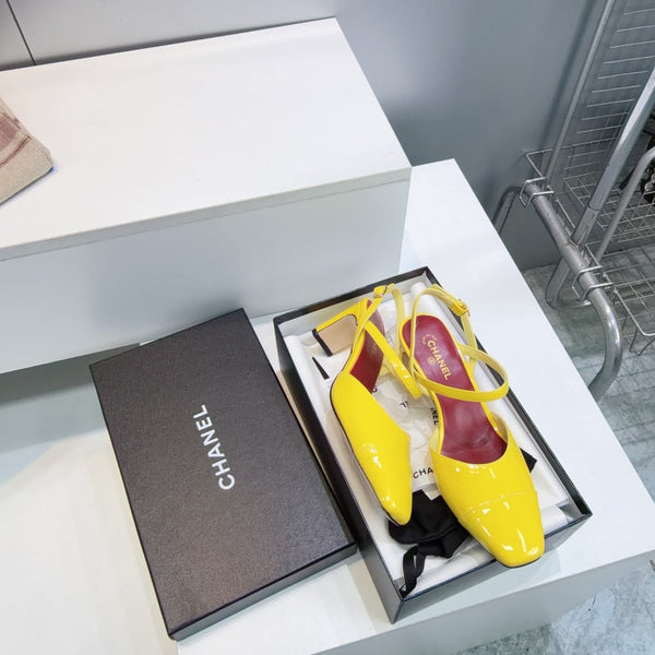 CC Block Heel Slingback Pumps 6.5cm Yellow Patent Calfskin Leather 842771