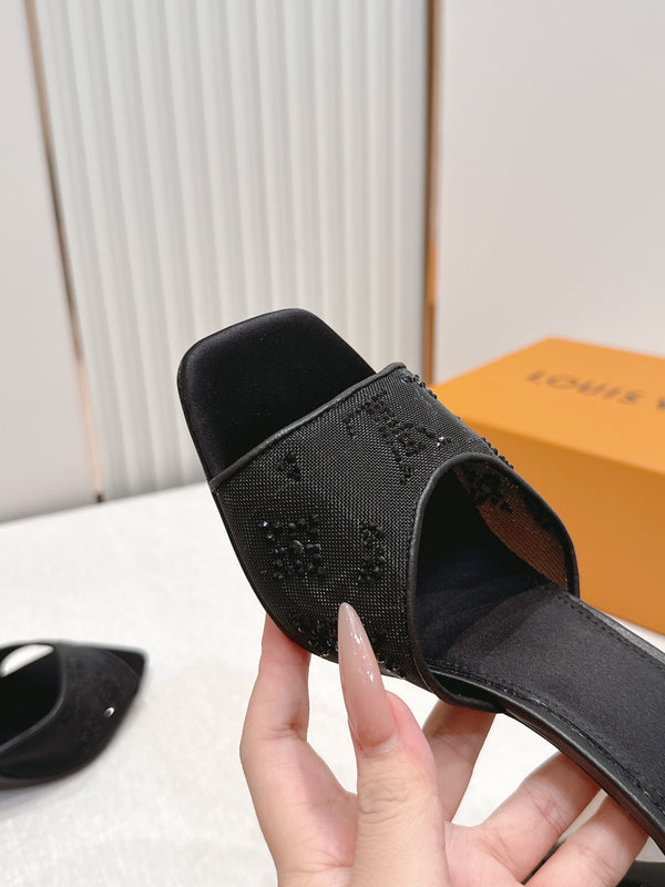 LV Gala Mules 9.5cm Black Rhinestone Mesh 844225