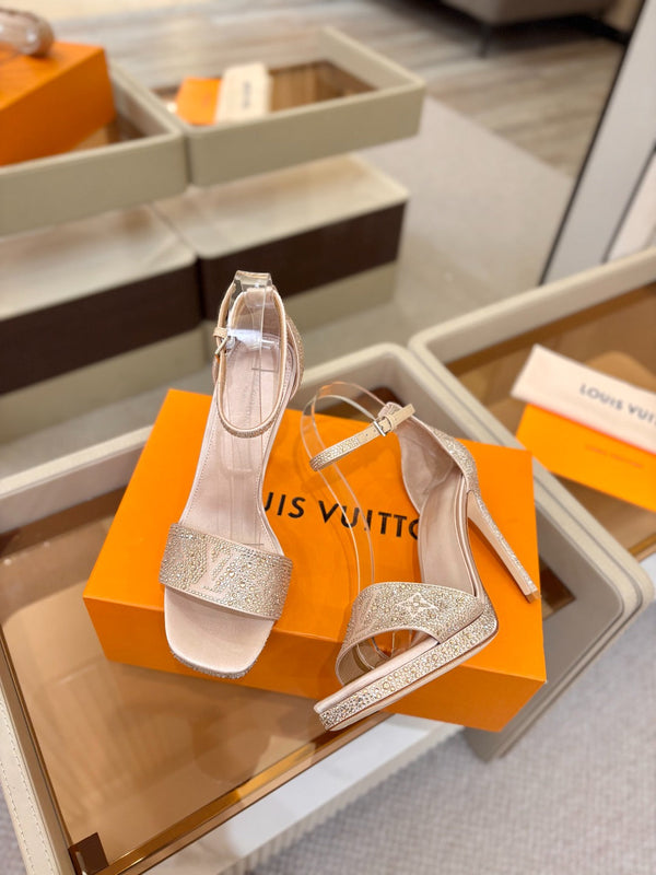 LV Sandals 11cm Begie Silk Rhinestone 844394