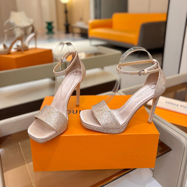 LV Sandals 11cm Begie Silk Rhinestone 844394
