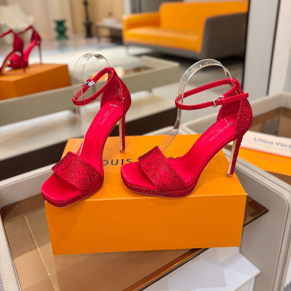 LV Sandals 11cm Red Silk Rhinestone 844391