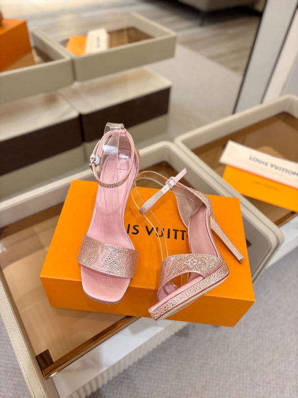 LV Sandals 11cm Pink Silk Rhinestone 844390