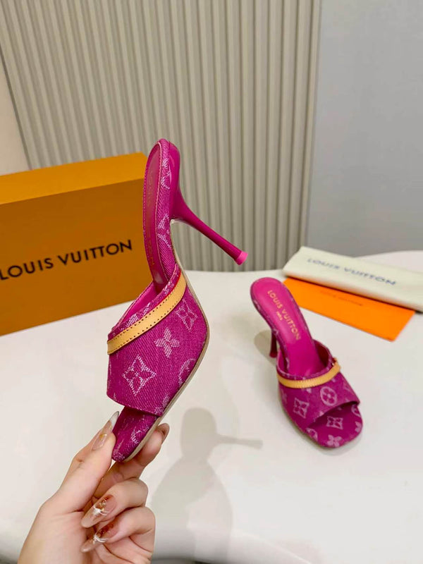 LV Monogram Kitten Heel Mule Sandals 10cm Canvas Leather 840357