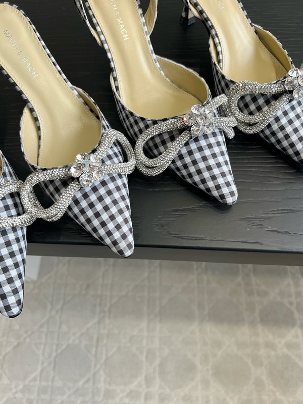 Mach Gingham Bow Slingback Pumps Black White Fabric 851908
