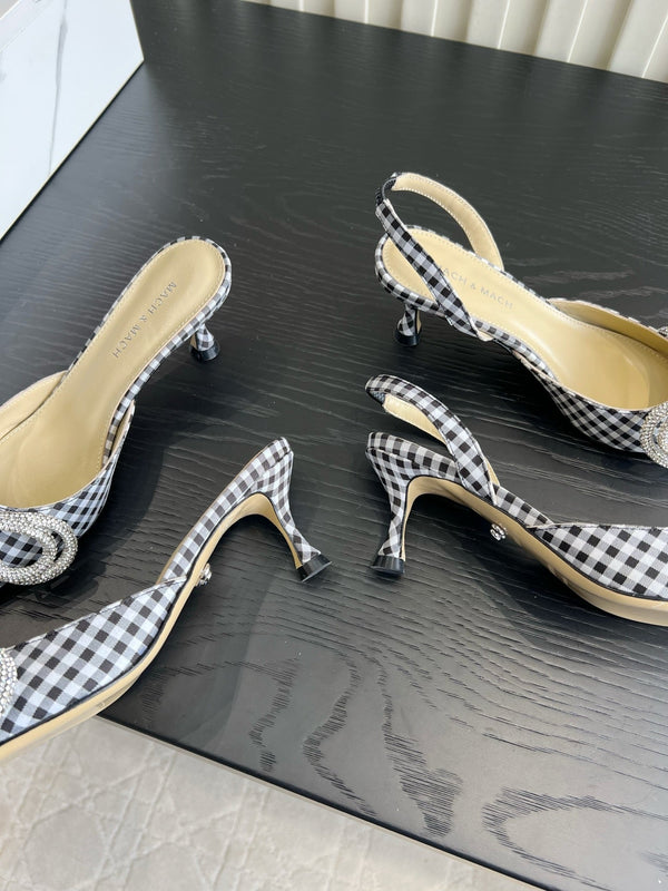Mach Gingham Bow Slingback Pumps Black White Fabric 851908