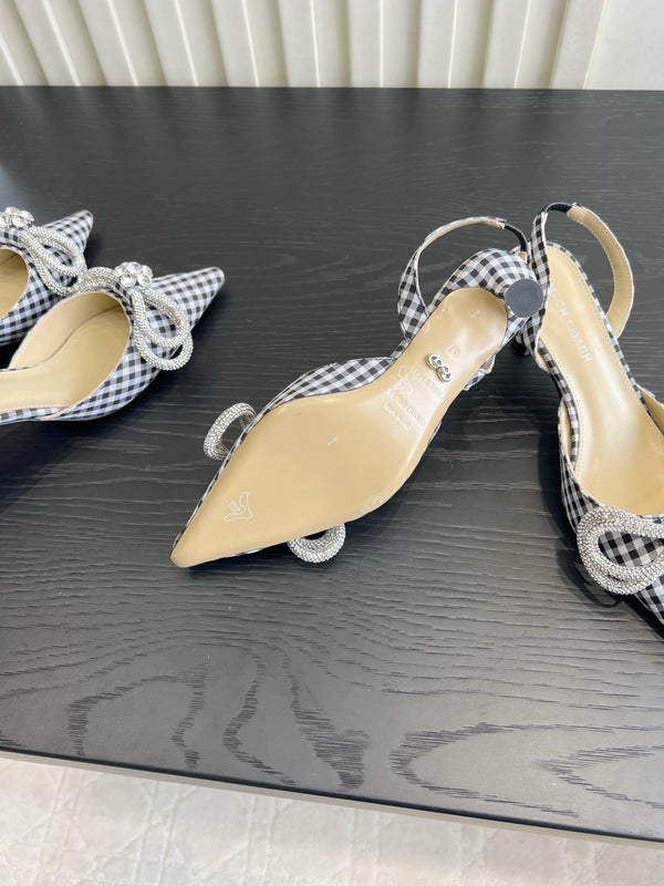 Mach Gingham Bow Slingback Pumps Black White Fabric 851908