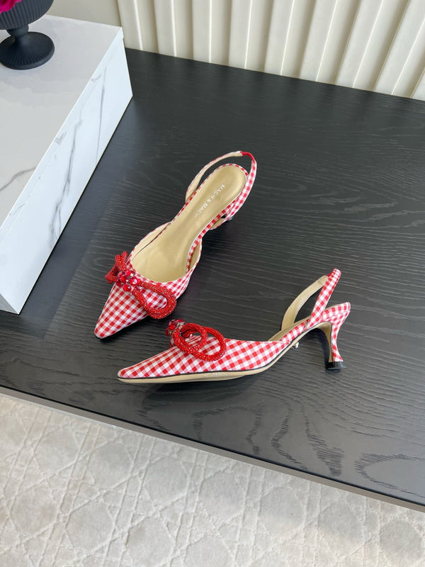 Mach Gingham Bow Slingback Pumps Red White Fabric 851905