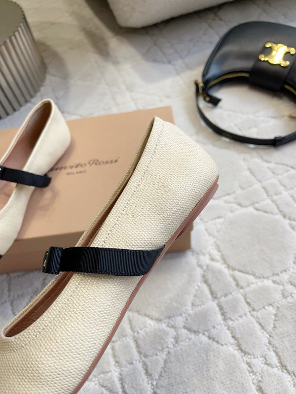 GR Mary Jane Flats Black Beige Lambskin & Fabric 851886
