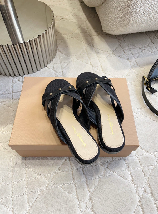 GR Paros Studded Flat Sandals Black Cowhide & Fabric 851842