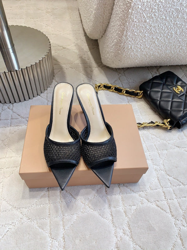GR Pointed-Toe Mule Sandals 8.5cm Black Cowhide & Mesh 854881