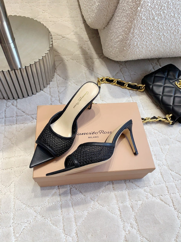 GR Pointed-Toe Mule Sandals 8.5cm Black Cowhide & Mesh 854881