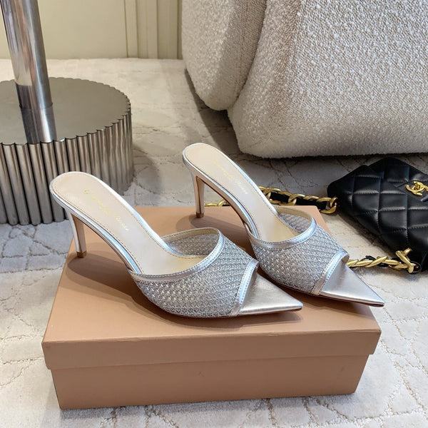 GR Pointed-Toe Mule Sandals 8.5cm Silver Metallic Cowhide & Mesh 854880