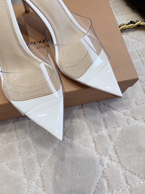 GR Pointed-Toe Mule Sandals 8.5cm White Patent Cowhide & PVC 854877