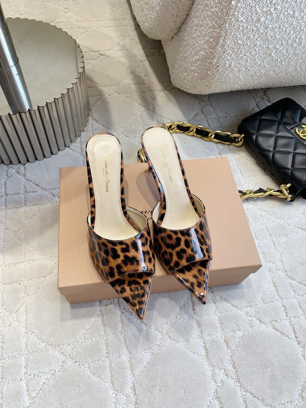 GR Leopard Print Pointed-Toe Mules 8.5cm Brown Patent Cowhide 851870