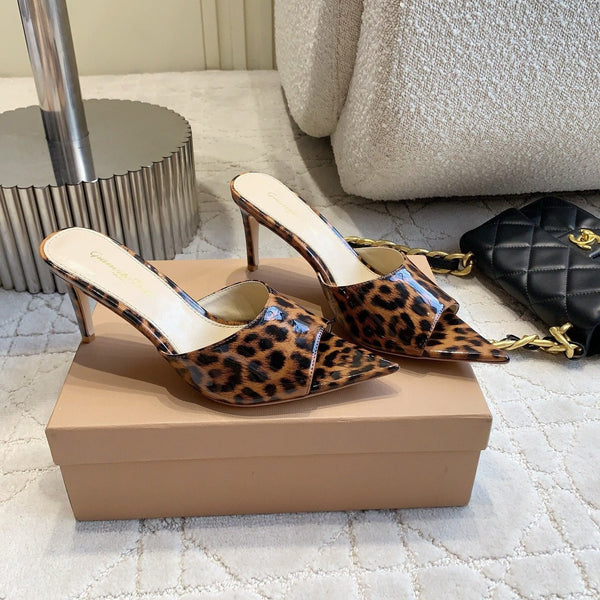 GR Leopard Print Pointed-Toe Mules 8.5cm Brown Patent Cowhide 851870