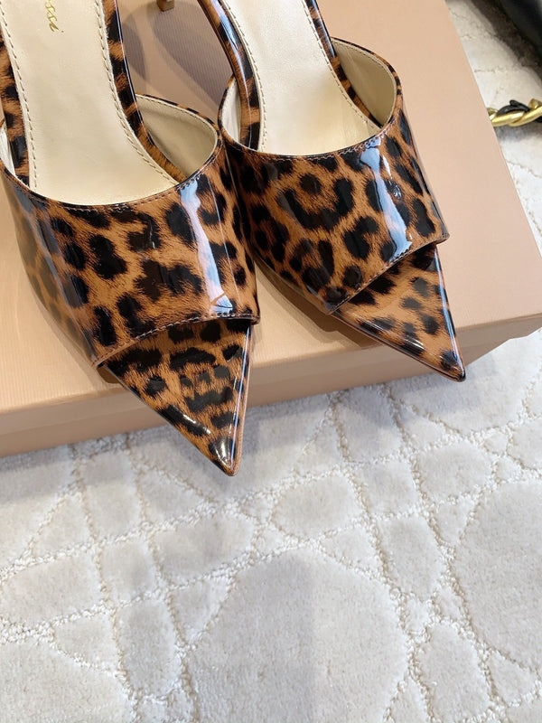 GR Leopard Print Pointed-Toe Mules 8.5cm Brown Patent Cowhide 851870