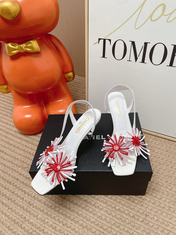 CC Floral Square-Toe Slingback Pumps White Patent Lambskin 854578