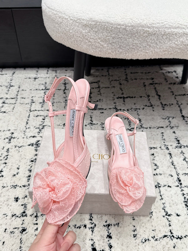 JC Mimmi Slingback Pumps Floral Appliqué 5.5cm Pink Lace 858431