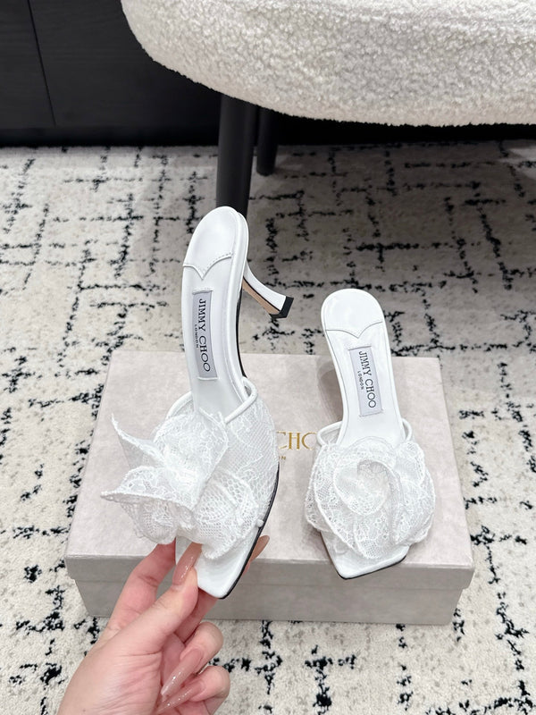 JC 26SS Floral Appliqué Mules 6.5cm  White Lace 858429
