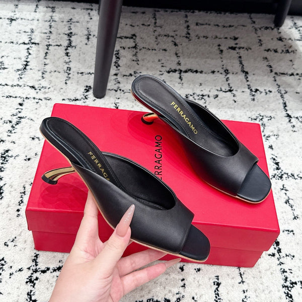 FG 26SS Logo Peep Toe Mules 5.5cm Chocolate Lambskin 858416