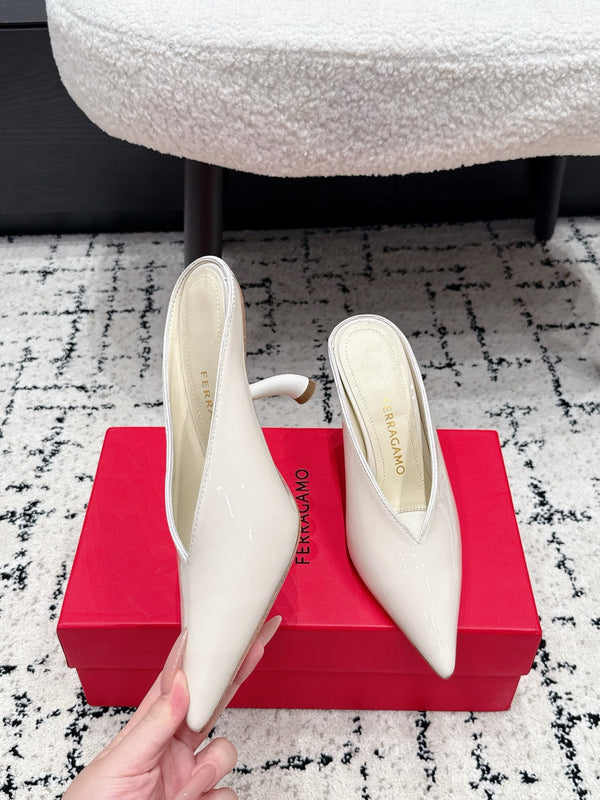FG Itaca Pointed Toe Mules 9.5cm White Patent Leather 858413