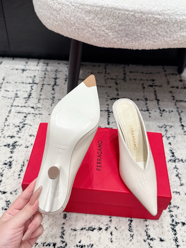 FG Itaca Pointed Toe Mules 9.5cm White Patent Leather 858413