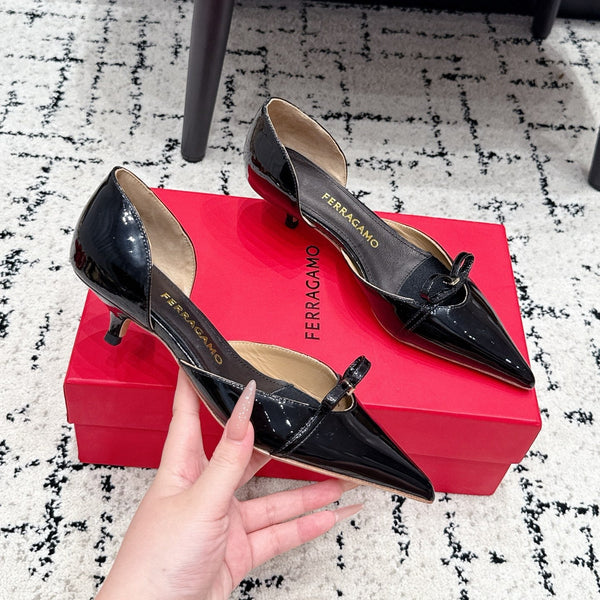 FG Gyoia Bow Pointed Toe Pumps 3.5cm Black Patent Leather 848410